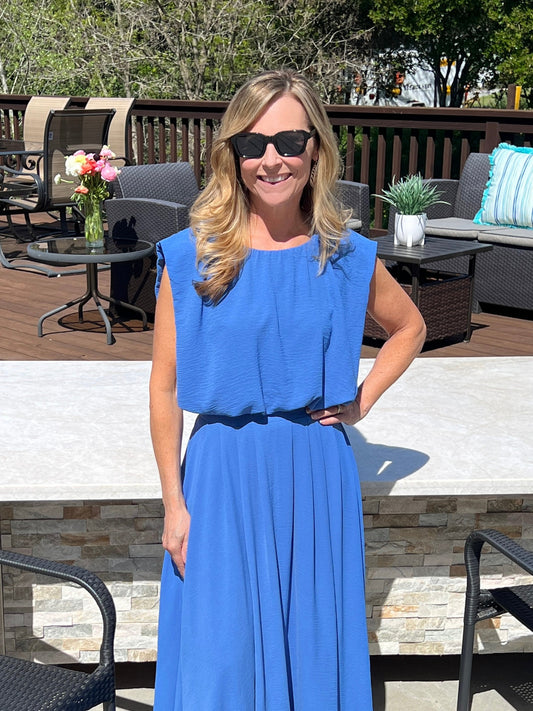 Long Blue Bubble Hem Waist Dress Size Small