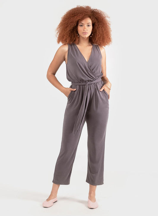 Dex Sueded Jersey Belted Wrap Jumpsuit In Slate Grey Size XS
