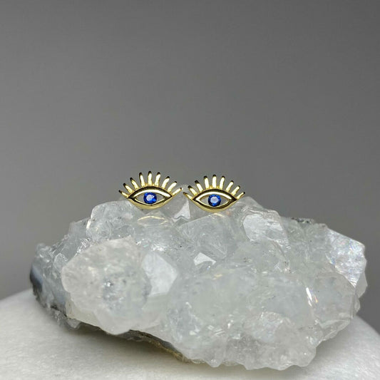 Evil Eye Studs Earrings With Blue CZ Crystals 14kt Gold Plated Sterling Silver .925 – Protective Coating
