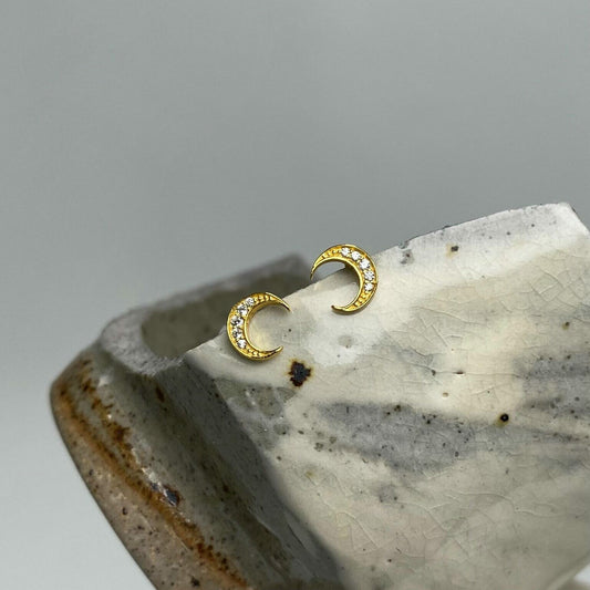 Crescent Moon Phase Stud Earrings with Clear CZ Crystals 14kt Gold Plated Sterling Silver .925 – Protective Coating