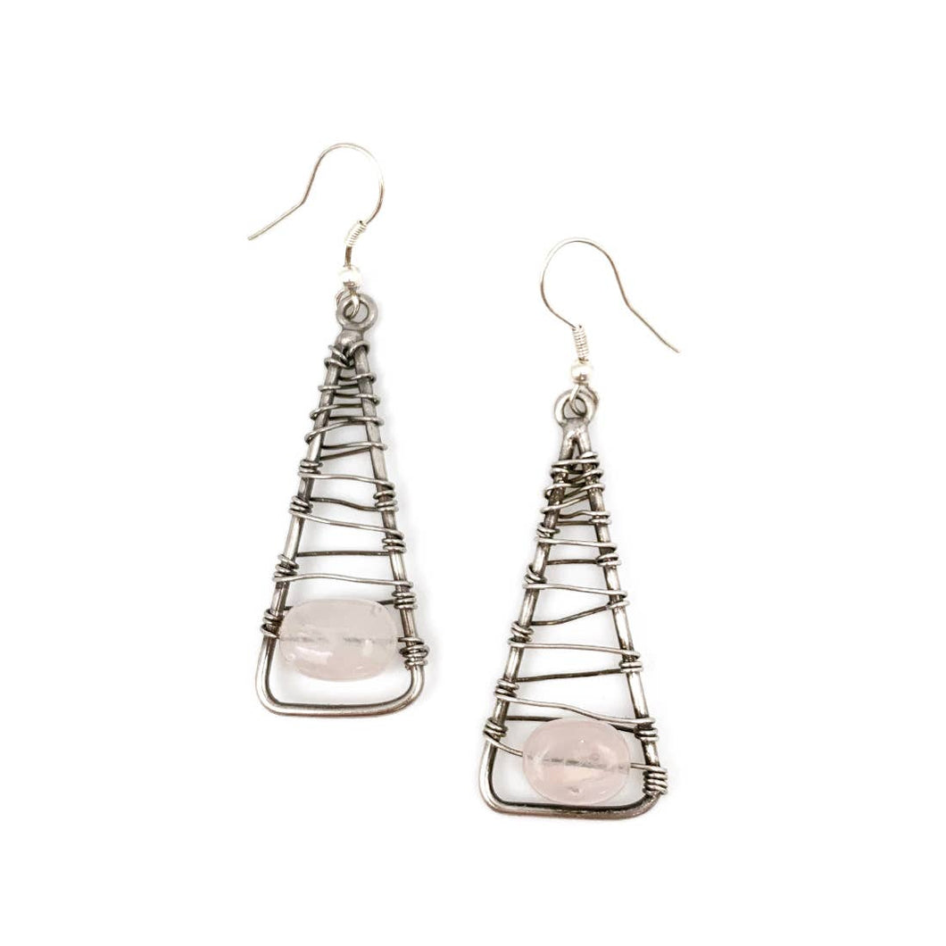 Wire-Wrapped Stone Earrings - Antique Silver, Rose Quartz